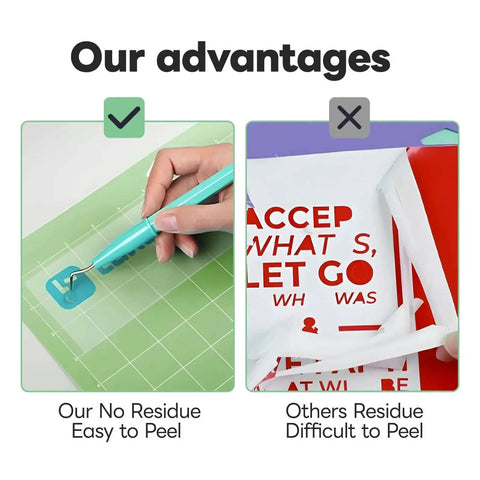 Comparison of 12x12 Cutting Mats 4 Pack Set For Cricut Machines showing easy peel and no residue benefits on LightGrip mat