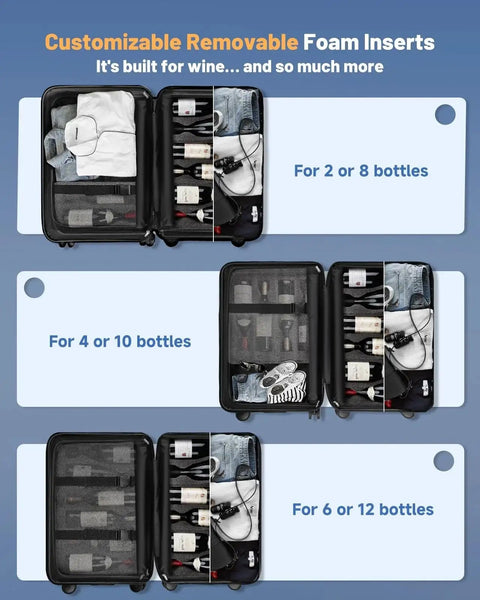 12 Bottle Wine Suitcase For Air Travel With Removable Foam Insert And TSA Approved Lock Blue Hard PC Shell Open View