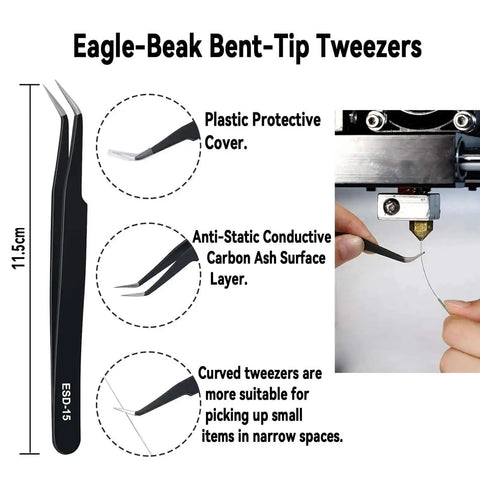 Eagle-beak bent-tip tweezers with protective cover used in 17 Piece Clog Poke 3D Printer Nozzle Cleaning Kit for 1.75mm filament