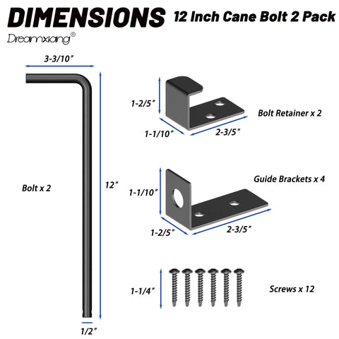 Diagram showing 12 Inch Heavy Duty Cane Bolt Gate Drop Rod Set for wood, PVC, vinyl, and metal fences gates with dimensions and parts included.