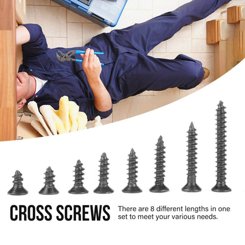 Technician under kitchen sink with set of 8 cross screws shown; 800 Piece M2 Self Tapping Screws Set In High Hardness Carbon Steel Flat Head For Wood Electronics Machinery Projects Self Drilling Screws For Electronics Durable Neatly Organized By Size