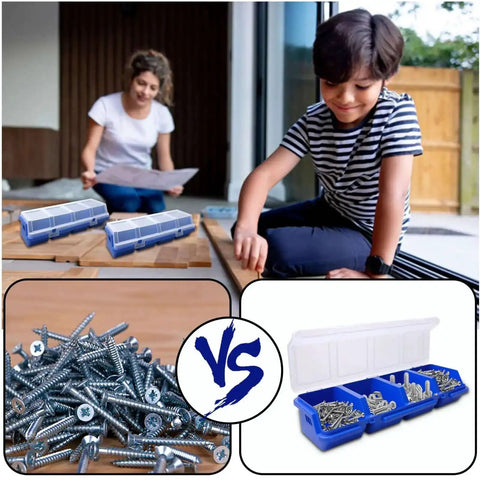 12 Pack Screw Organizer Boxes With Lids, Four-Compartment Dividers, Blue Toolbox Style Storage Case For Garage And Workshop, Keeps Small Parts, Screws, Bolts, Nuts, And Craft Supplies Sorted