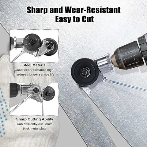 Portable Drill Powered Metal Cutter Attachment For Drills Plate And Sheet Metal Nibbler Double Headed Power Shears in use