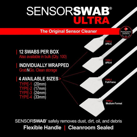 Sensor Swab Ultra 20mm Type 1 For Digital Camera Sensors Cleaning Dust And Oil, showing 4 swab types and sizes