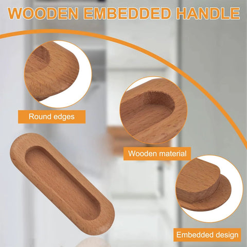 Oval Wood Recessed Concealed Door Handle Set Two Piece For Sliding Doors And Cabinets, natural beech wood finish, multiple angles