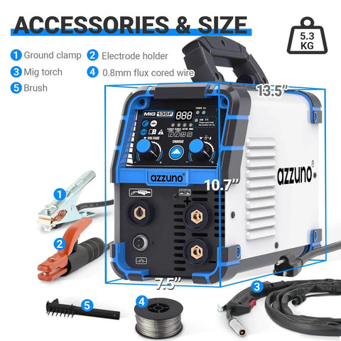 135 Amp Multi Process Welder For Mig Tig Stick With 110V Power, Flux Core Inverter, Synergic Control, front view with accessories.