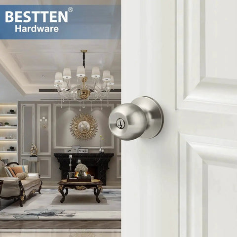 Keyed Entry Door Knob With Lock Satin Nickel Finish All Metal Construction Includes Three Keys Adjustable Backset Installed on Door