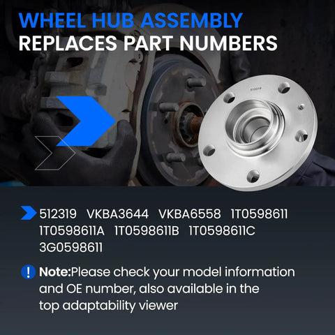Rear Wheel Bearing And Hub Assembly For Audi And Volkswagen Cars With ABS 5 Lug 2 Pack displayed next to installed view
