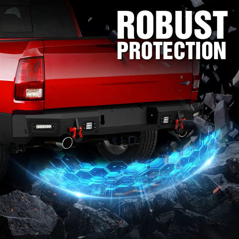 Rear Step Bumper For Ram 1500 With 4x18W LED Lights And D Rings installed on red pickup truck