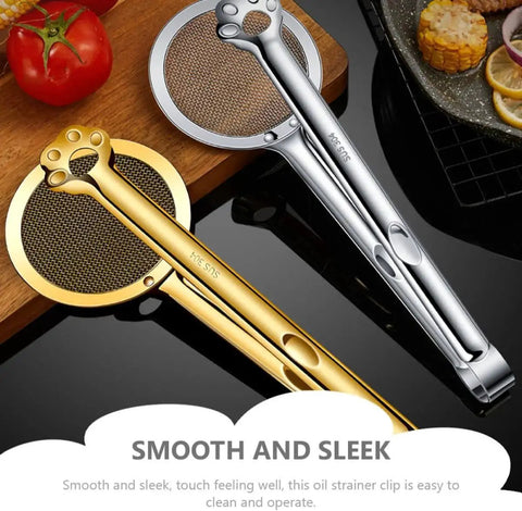 Stainless Steel Oil Strainer Spoon And Frying Oil Filter Clamp With 304 Claw Design for kitchen use, shown in silver and gold.