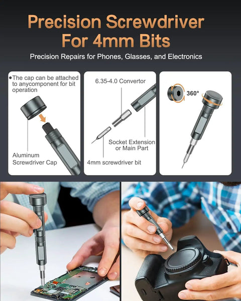 All In One Magnetic Screwdriver Set With 71 Pieces, Detachable Handle shown used for electronics like cameras and phones