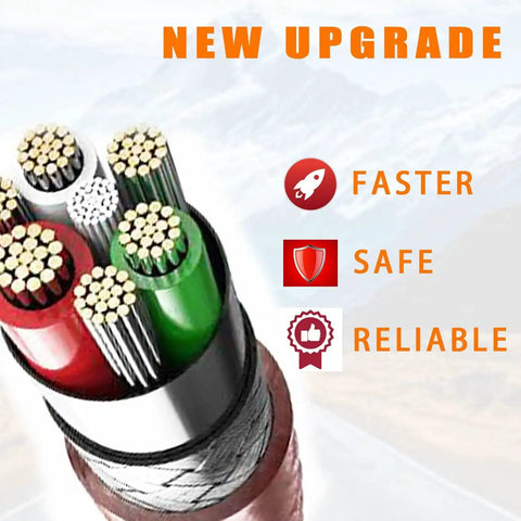 Close-up of upgraded cable with visible wire bundles emphasizing faster, safe, reliable features