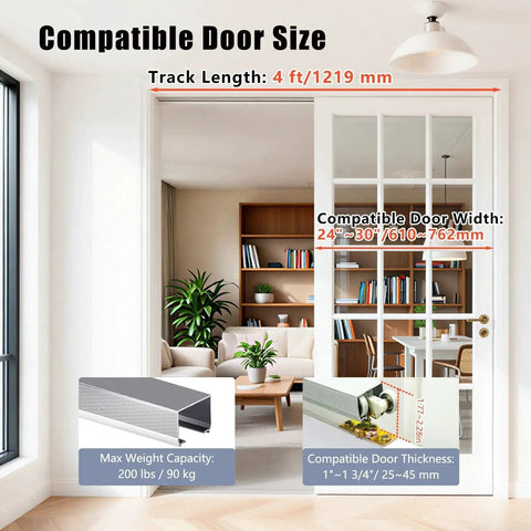 4 Foot Commercial Grade Sliding Pocket Door Hardware Kit With Aluminum Box Rail Fits 24 To 30 Inch Wide Single Doors Featuring Concealed Track System For A Clean Modern Look That Slides Smoothly And Quietly With Easy Installation kit showing track and door compatibility.