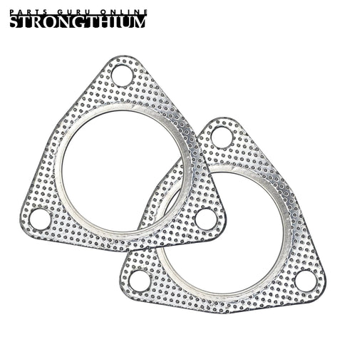 Two Strongthium 3-inch exhaust gaskets with 3-bolt triangular flanges, 76.2mm, perforated metal finish