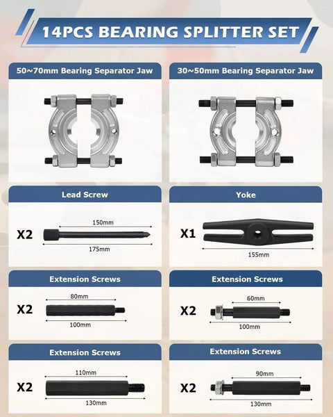 14-piece bearing splitter set showcasing sizes, screws, and yoke for Heavy Duty Bearing Separator Puller Set With 5 Ton Capacity.