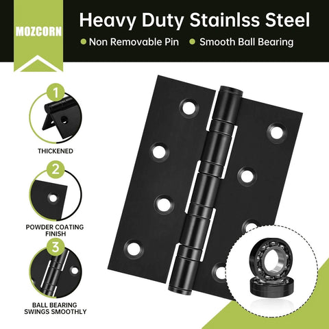 6 Pack Matte Black 4 Inch Stainless Steel Door Hinges With Ball Bearing, includes diagram of hinge and specifications
