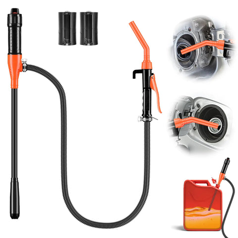 Portable Electric Fuel Transfer Pump 3 GPM Battery Powered Siphon For Oil And Fluids With Adjustable Flow Control Nozzle Orange, showing hose and nozzle design.