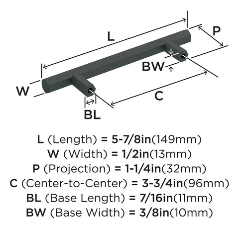 Diagram of Matte Black Cabinet Pull 3 3 4 Inch Center To Center 5 7 8 Inch Overall Length with measurements