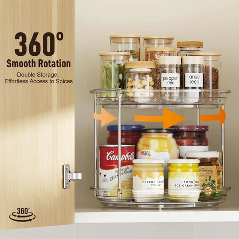 Two Tier Lazy Susan Organizer For Narrow Cabinets And Countertops 9.25 Inch Turntable Rotating Spice Rack with jars in cabinet.