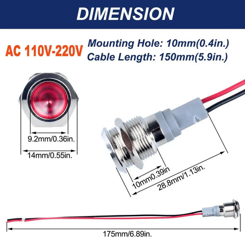 Diagram showing dimensions of Five Pack 12mm LED Indicator Light 110 To 220 VAC Metal Shell Waterproof IP67 in red with wire