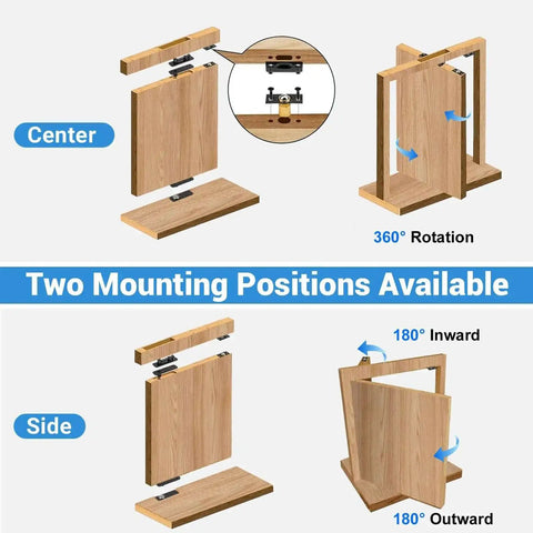 Two mounting positions for stainless steel hidden door hinge with 360° swing, showing center and side installation for secret rooms.