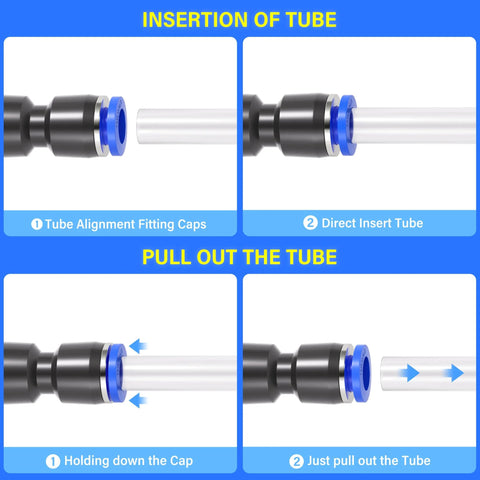 TAILONZ pneumatic push-fit connector with blue release ring and clear tube, diagram of tube insertion and removal.