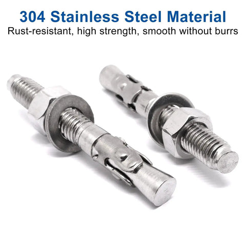 Close-up of 304 stainless steel wedge concrete anchors for cement, showcasing torque controlled expansion and heavy duty bolts for masonry installations.
