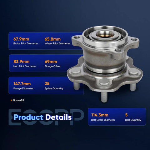 Front view of Rear Wheel Hub And Bearing Assembly 512373 For Nissan Rogue AWD 2008 Through 2020 And Nissan Juke AWD 2011 2017 Without ABS 5 Lug 2 Piece Set Left Right Hubs Fits 5 Lug Wheels, showing dimensions and non-ABS design.