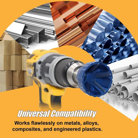 Elite External Chamfer Tool Set With Tungsten Carbide Bits Deburring Drill Bits attached to drill, showcasing universal metal compatibility.