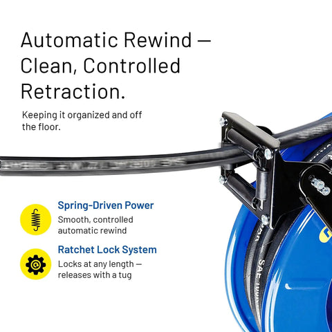 Retractable Oil Hose Reel One Half Inch By Fifty Feet Premium Steel Construction with spring-driven power and ratchet lock system.