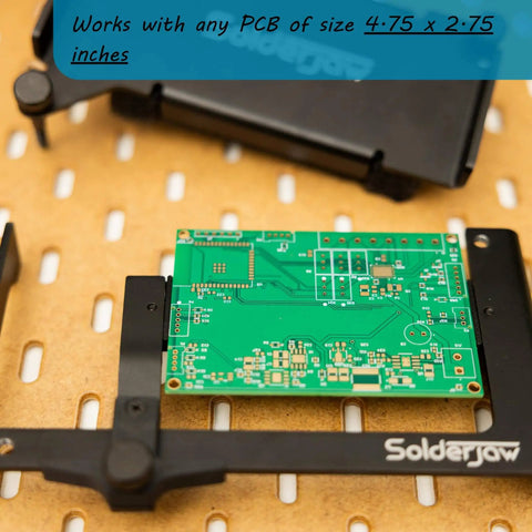 Hands Free Through-Hole Soldering Jig For PCBs And Breadboards CSJ-1 holding a green PCB on a perforated surface, size 4.75 x 2.75 inches