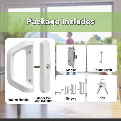 Sliding Door Lock And Handle Set With Key For Sliding Glass Doors, Fits 1-1/2 To 1-3/4 Inch Door Thickness, white finish components