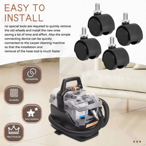 Self Cleaning Hose Tool And Four Pack Castor Wheels For Little Green HydroSteam Carpet Cleaners 3605 3618 3532 Replacement Part 1638909 Durable Castors For Stable Movement And Easy Installation displayed next to a portable carpet cleaner