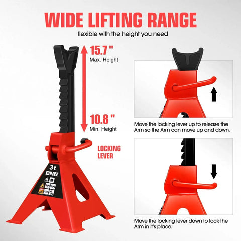 1 Pair 3 Ton Car Jack Stands With Adjustable Height For Cars SUVs Sedans, red steel, adjustable height from 10.8 to 15.7 inches.