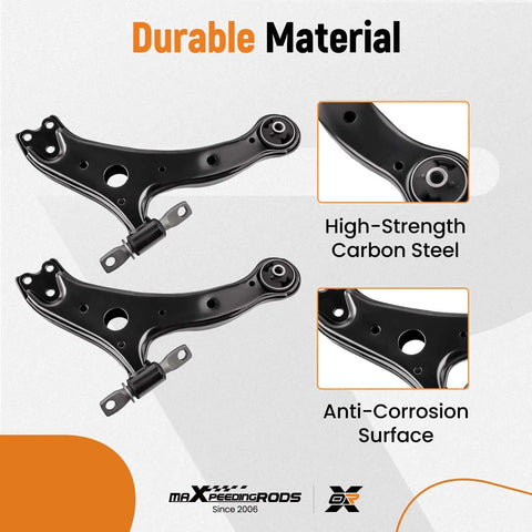 Pair of front lower control arms for Toyota Camry 2007–2011; black carbon steel anti-corrosion finish.