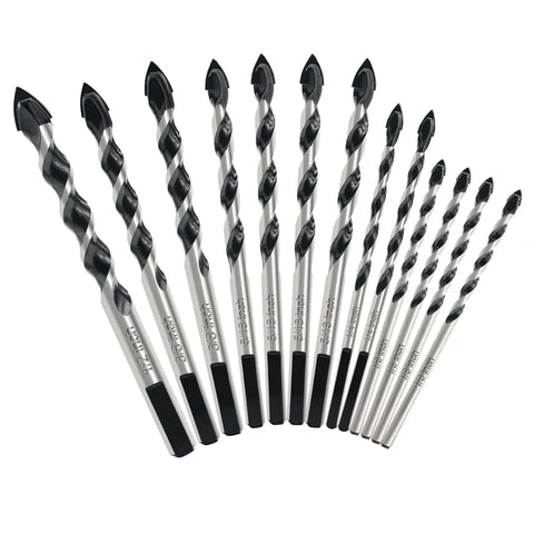 Industrial Grade Masonry Drill Bit Set For Brick Tile Cement Concrete, 10 Piece, Tungsten Carbide Tips shown in varying sizes.