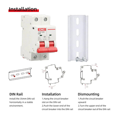 63 Amp Two Pole DIN Rail Mount AC Circuit Breaker With Thermal Magnetic Trip 120V 240V Curve C Solar Disconnect MCB Easy Install