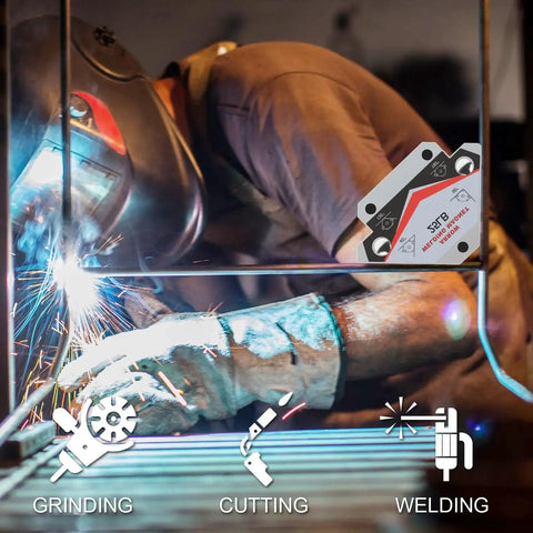 Metalworker using Heavy Duty 25 Pound Welding Magnets Four Pack With Arrow Shaped Hold For Precise Angles In Metal Fabrication And Welding Magnetic Angle Guide Clamps For Positioning And Alignment By GUTIMORE for precise welding.
