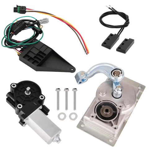 Sobalai RV step motor conversion kit for Kwikee curved linkage; includes black control module, wiring, mounting plate.