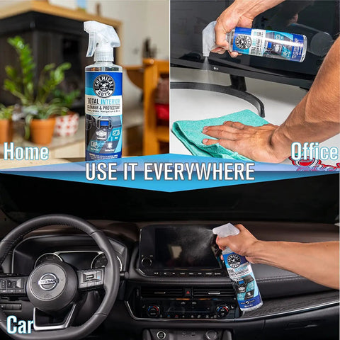 All In One Interior Cleaner And Protectant For Your Ride And All Vehicles Cars Trucks SUVs Motorcycles RVs And More shown in home, office, and car settings.