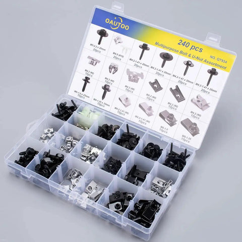 240-Piece Body Bolts And U-Nuts Kit For GM Ford Chrysler, open case with 19 popular sizes shown in compartments.