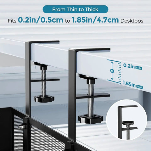 Side view of No Drill Metal Under Desk Cable Tray With Rotating Clamp, fitting desk thickness from 0.2 to 1.85 inches, black.