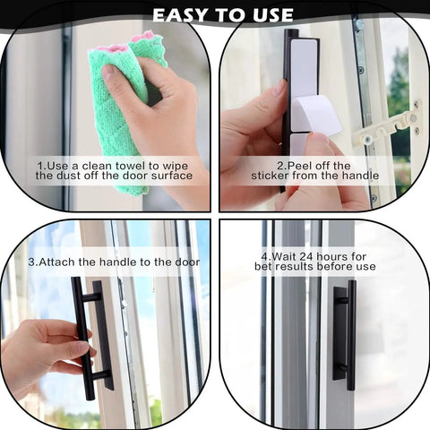 Installation steps for 4 Pack Self Adhesive Cabinet Handles and Drawer Pulls in Black ABS Plastic, wiping, peeling, attaching, waiting