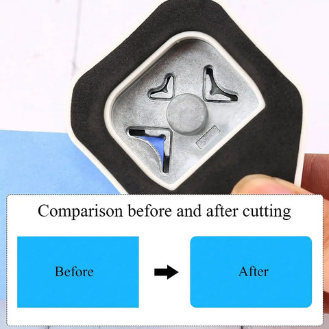Your Must Have Go To Three Way Corner Rounder Punch 4mm 7mm 10mm 3 In 1 Corner Cutter showing before and after cutting comparison on paper