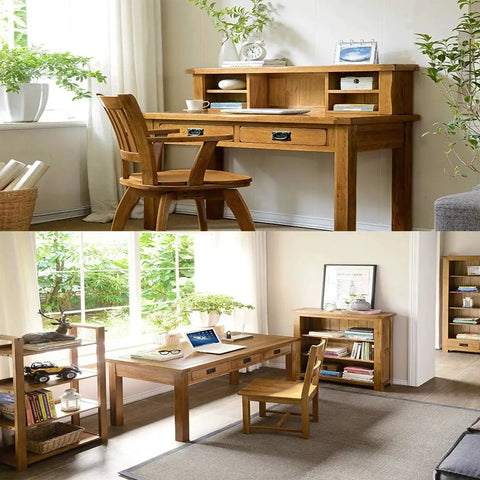 Wooden office desk with chair and shelf in bright room with large windows