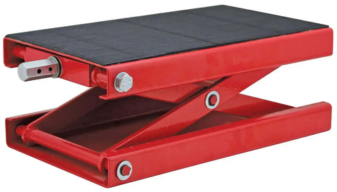 Beefy Wide Motorcycle Scissors Jack With 14 Inch Lift, 1000 Lb Capacity, red steel frame with rubber platform pad, side view