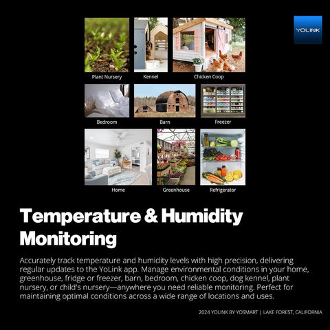Temperature & humidity monitoring across varied locations like barn, greenhouse, and kennel with Smart Wireless Thermometer And Hygrometer 3 Pack With Hub Included YoLink LoRa Long Range No WiFi Needed Wide Temperature Range For Freezer Fridge Greenhouse And Pet Cage App Alerts Email Alerts And Text SMS Alerts 5 Years Battery Life.