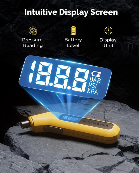 Tire pressure gauge HYVOHEX, digital, yellow handheld with blue backlit LED display, reads up to 200 PSI.