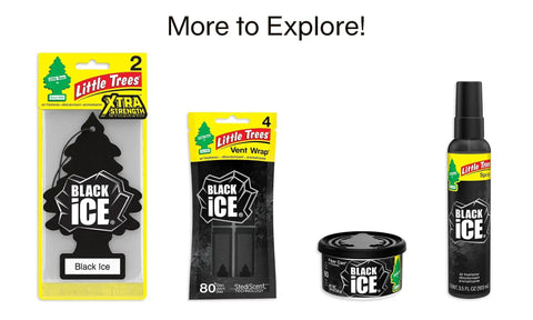 Set of Black Ice car fresheners including hanging tree, vent wrap, spray bottle, and canister for auto and home.