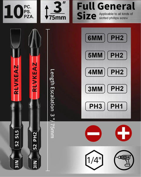Ten Piece Three Inch Magnetic Screwdriver Bits Set With S2 Alloy Steel For Impact Driver And Power Drill Includes Phillips Bits Sizes One Two Three And Slotted Bits In Three Four Five Six Millimeter And Quarter Inch Hex Shank Pro And DIY Essential displayed with dimensions and labels